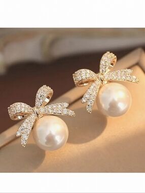 🌺Pearl & Rhinestone Bow Stud Earings Accessories Jewelry Pearl Accessories